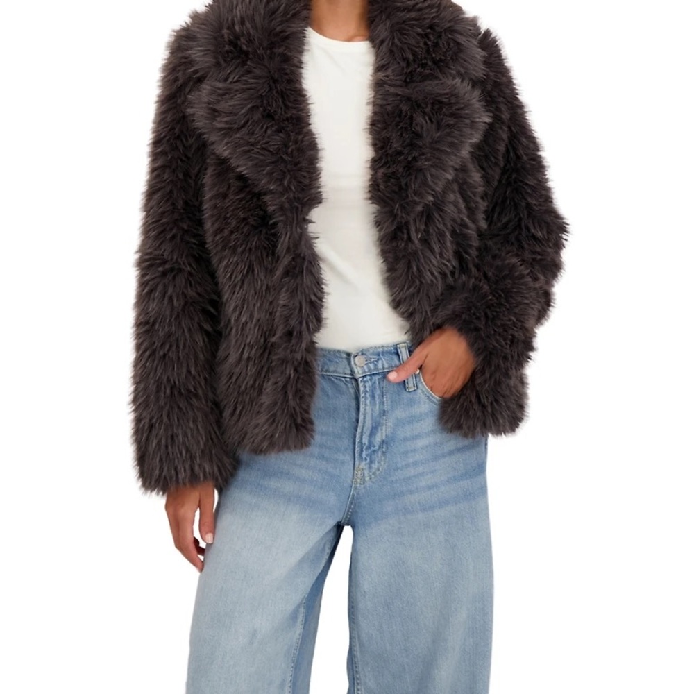 Sebby Collection Women's Long Hair Faux Fur Reversible Jacket Dark Grey- M NWT